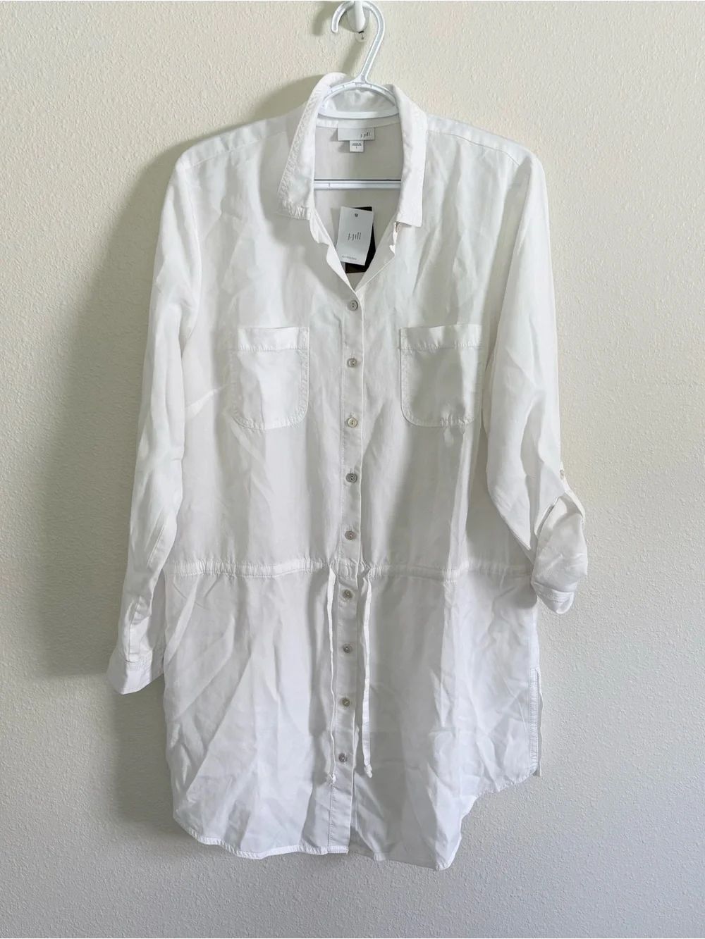 NWT J. Jill White Shirt Dress Tie Waist Size L Long Sleeve Roll Tab 100% Tencel